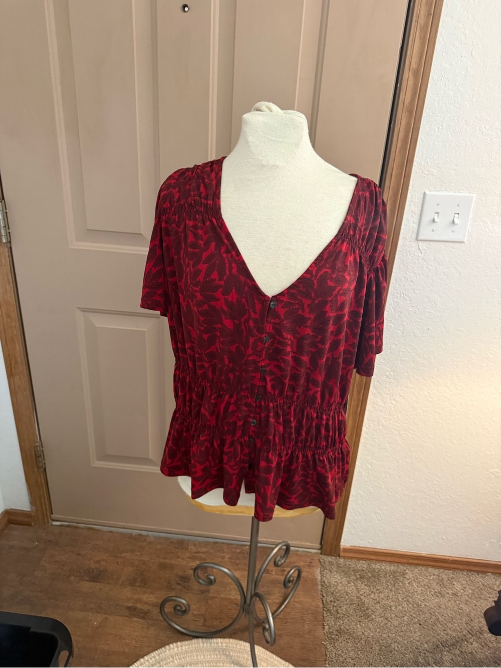 Terra & Sky Burgundy Red Printed Peplum Button Front Top